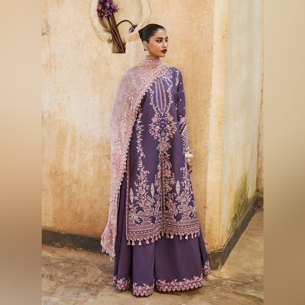 Elegant Purple Embroidered Dress with Pink Accents Brand Hussain Rehar